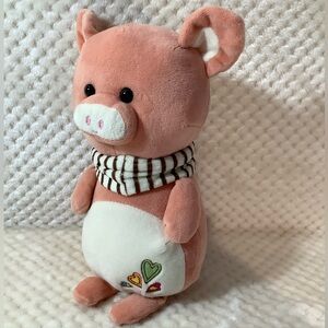 Unbranded Peaches and Cream Plush Pig in Scarf Embroidered Hearts Stuffed Animal